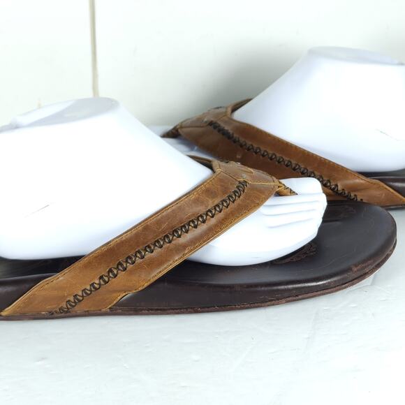 Olukai Men\'s Mea Ola US12 Brown Leather Embroidered Slip On Flat Thong Sandals main image 10